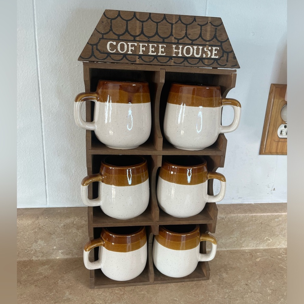 Rare Vintage Coffee House Stoneware Mug Set with Wooden Rack - Brown and Cream